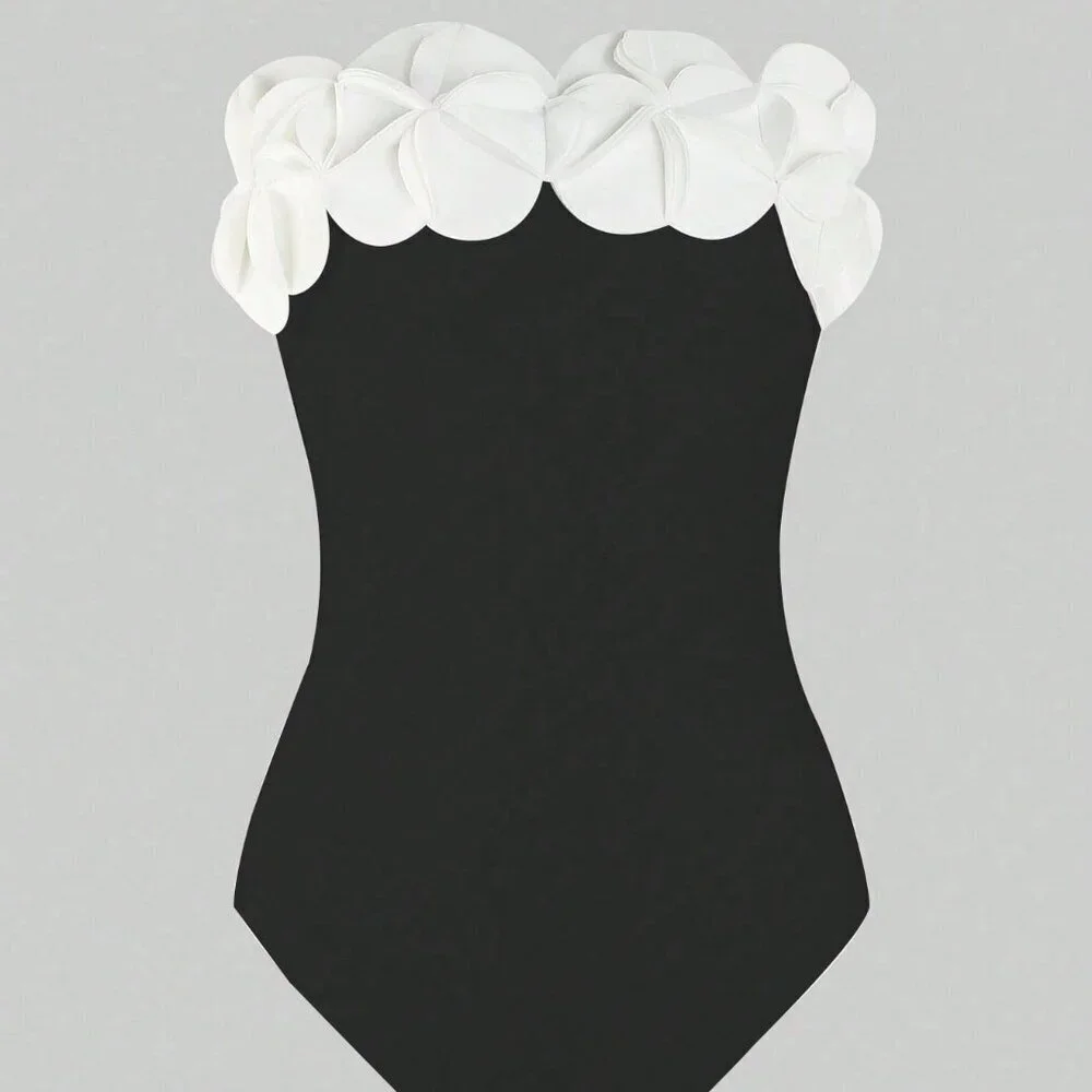 Black Elegant Women's Ruffle floral Trim one piece swimsuit